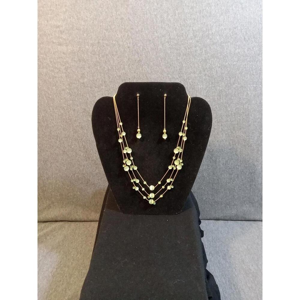 Jewelry Set Necklace Green Sage Beads Multi Strand Gold Tone Earrings Pierced